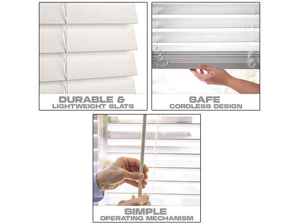 Premium White 2 Inch Horizontal Venetian Faux Wood Cordless Blinds for Indoor Windows Measuring  72" Inch Long - Cordless Blinds For Indoor Windows Blinds For Doors - Blinds Emporium Of GA