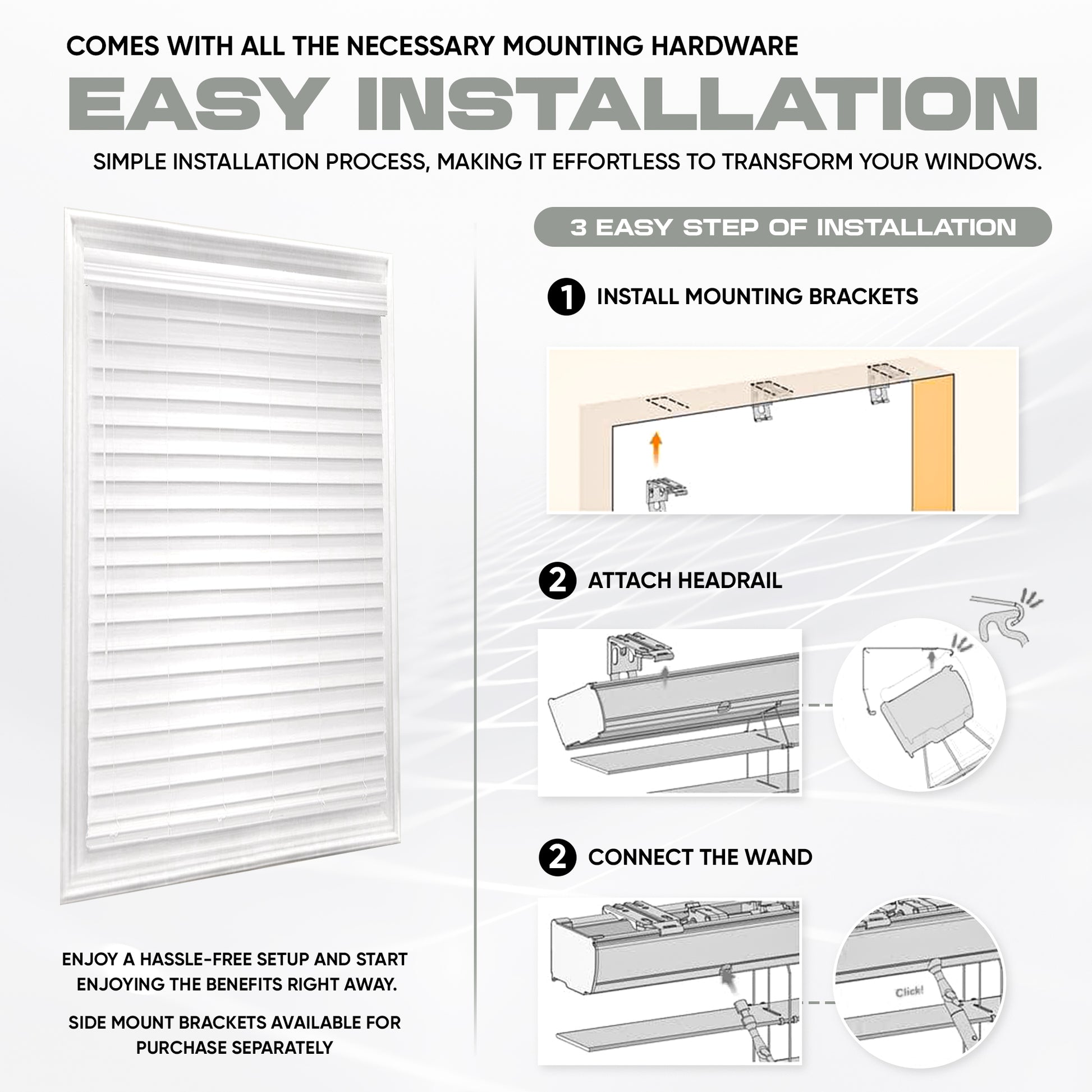 Premium White 2-1/2 Inch Horizontal Venetian Faux Wood Cordless Blinds for Indoor Windows Measuring  72" Inch Long - Cordless Blinds For Indoor Windows Blinds For Doors - Blinds Emporium Of GA