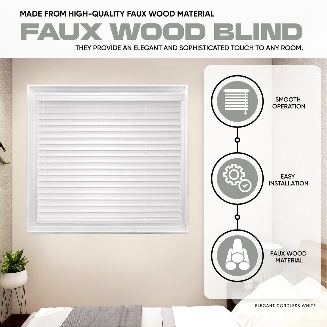 Premium White 2-1/2 Inch Horizontal Venetian Faux Wood Cordless Blinds for Indoor Windows Measuring  72" Inch Long - Cordless Blinds For Indoor Windows Blinds For Doors - Blinds Emporium Of GA